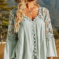 WW | Damen Hollow Vintage Spitze Lockere Bluse