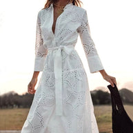 WW | Stilvolles Weißes Damen Chic Loch Midi Kleid