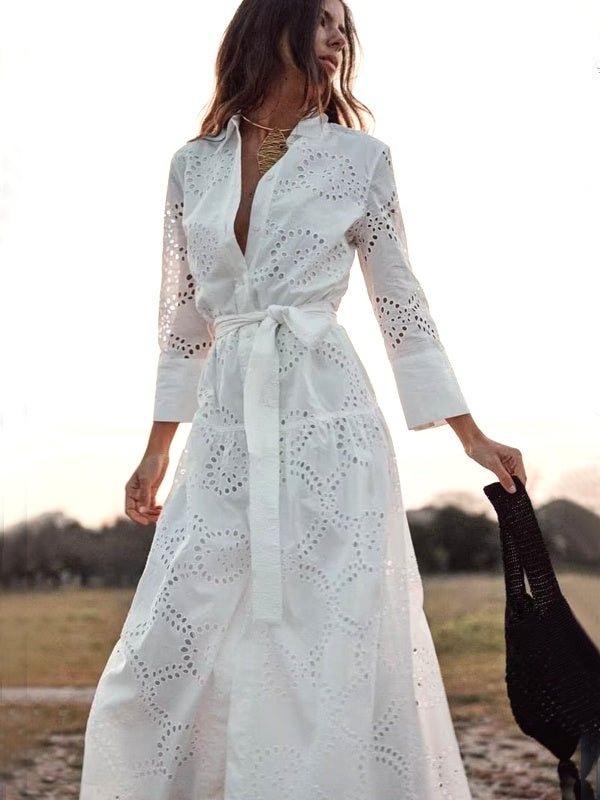 WW | Stilvolles Weißes Damen Chic Loch Midi Kleid