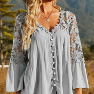 WW | Damen Hollow Vintage Spitze Lockere Bluse