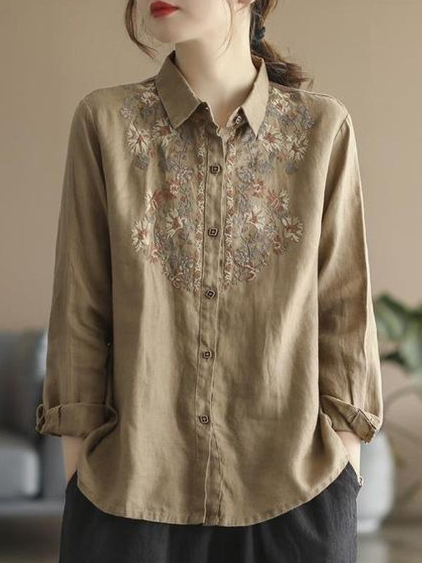 WW | Bequemes ethnisches blumiges Baumwoll-Leinen-Shirt für Frauen