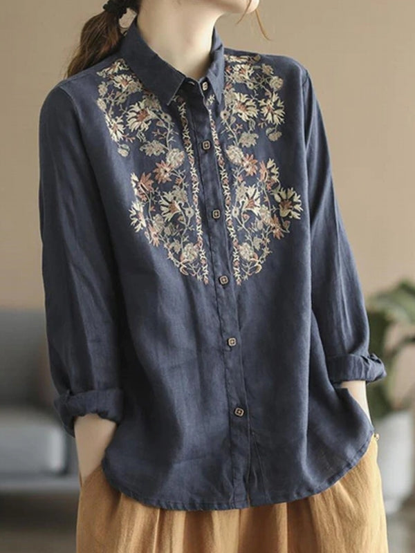 WW | Bequemes ethnisches blumiges Baumwoll-Leinen-Shirt für Frauen