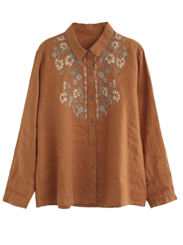 W&W Mode | Bequemes ethnisches blumiges Baumwoll-Leinen-Shirt für Frauen