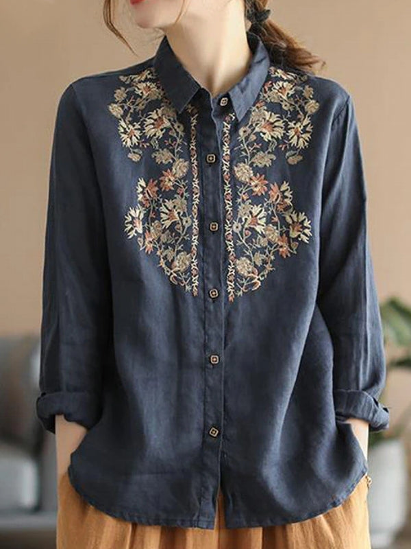 W&W Mode | Bequemes ethnisches blumiges Baumwoll-Leinen-Shirt für Frauen