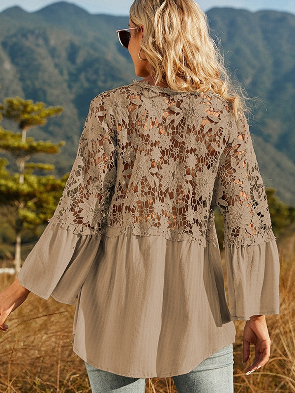 WW | Damen Hollow Vintage Spitze Lockere Bluse