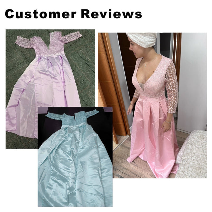 Damen-Abendkleid mit V-Ausschnitt, Spitzenakzenten und Dreiviertelärmeln