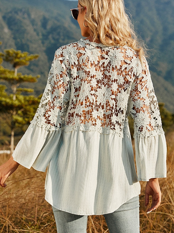 WW | Damen Hollow Vintage Spitze Lockere Bluse