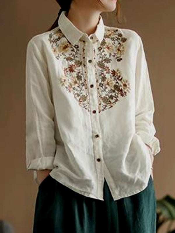 WW | Bequemes ethnisches blumiges Baumwoll-Leinen-Shirt für Frauen
