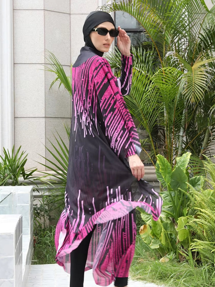 WW | Langarm Ganzkörper Hijab Blumen Kleid Oberteil Badeanzüge Risse