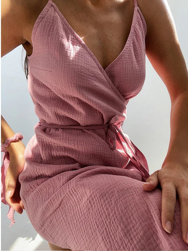 Damen-Maxikleid aus Baumwolle mit V-Ausschnitt und Spaghettiträgern
