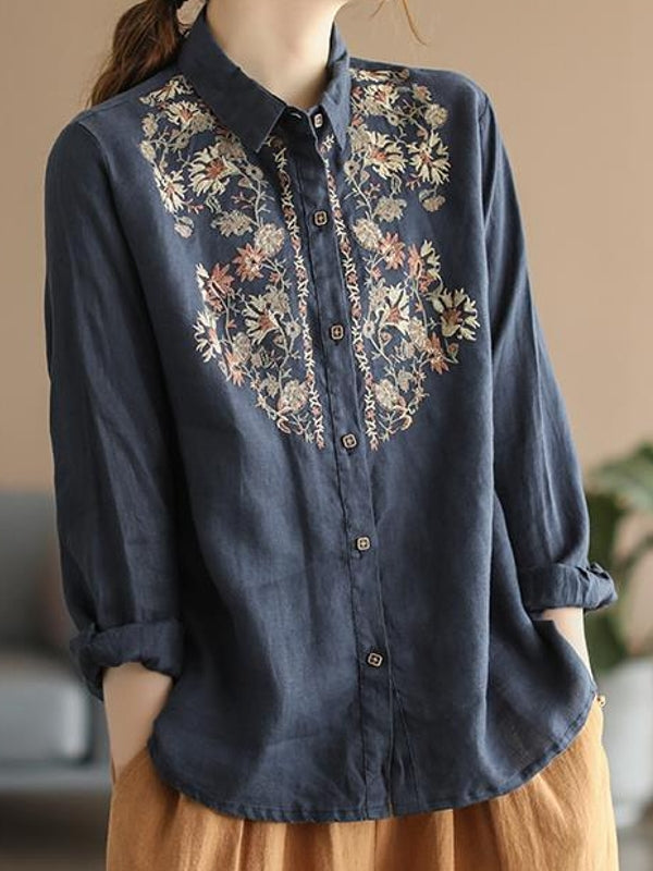 WW | Bequemes ethnisches blumiges Baumwoll-Leinen-Shirt für Frauen