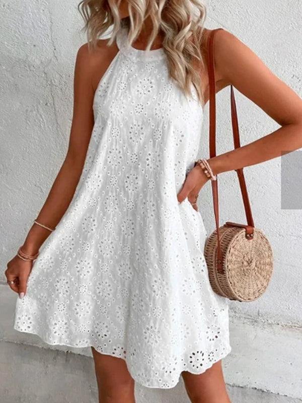 WW | Sommer Frauen O-Ausschnitt Sexy Schmal Weiß Mini Kleid
