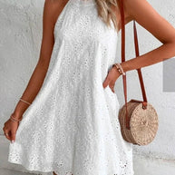 WW | Sommer Frauen O-Ausschnitt Sexy Schmal Weiß Mini Kleid