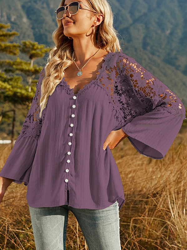WW | Damen Hollow Vintage Spitze Lockere Bluse