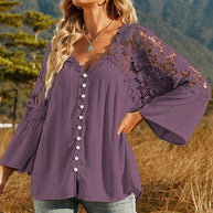 WW | Damen Hollow Vintage Spitze Lockere Bluse