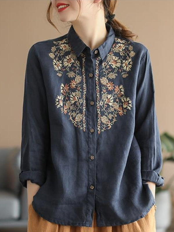 WW | Bequemes ethnisches blumiges Baumwoll-Leinen-Shirt für Frauen