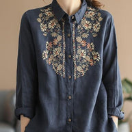 WW | Bequemes ethnisches blumiges Baumwoll-Leinen-Shirt für Frauen
