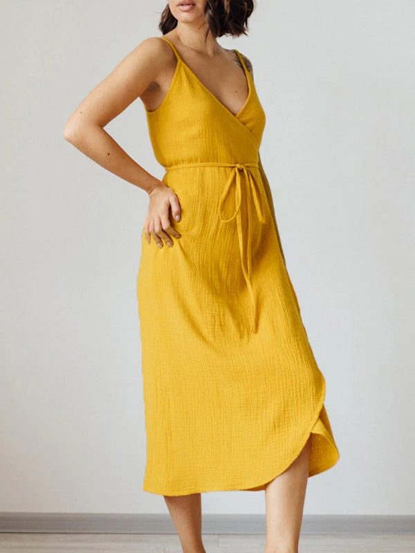 Damen-Maxikleid aus Baumwolle mit V-Ausschnitt und Spaghettiträgern