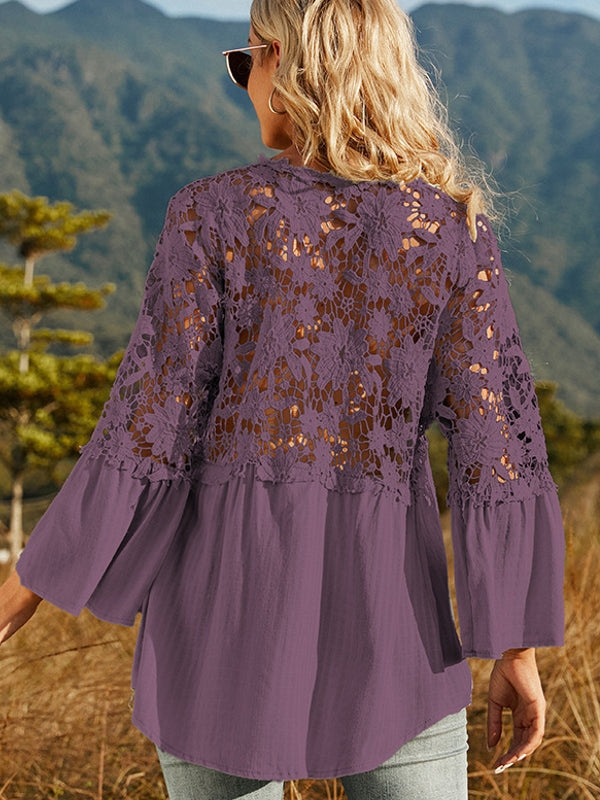 WW | Damen Hollow Vintage Spitze Lockere Bluse