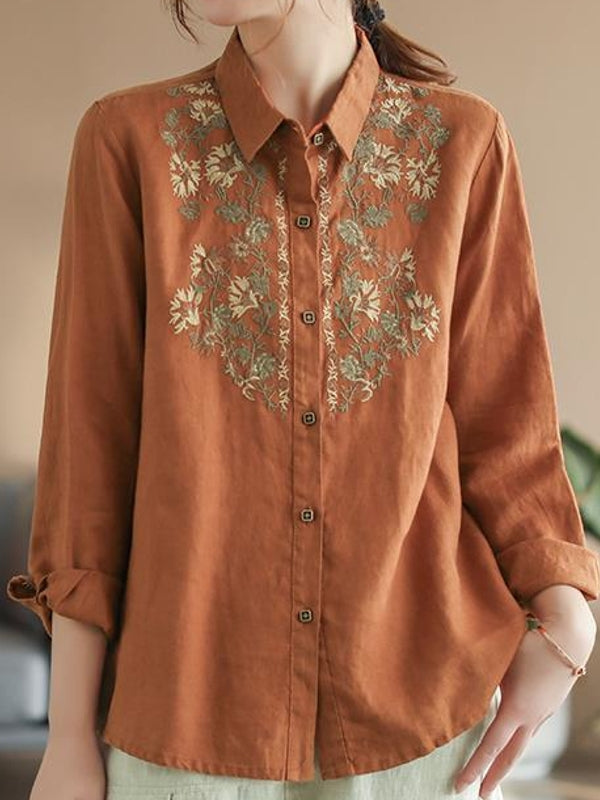 WW | Bequemes ethnisches blumiges Baumwoll-Leinen-Shirt für Frauen