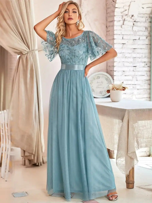 Damen Abendkleid in Maxilänge mit funkelnden Mesh-Blattmotiven