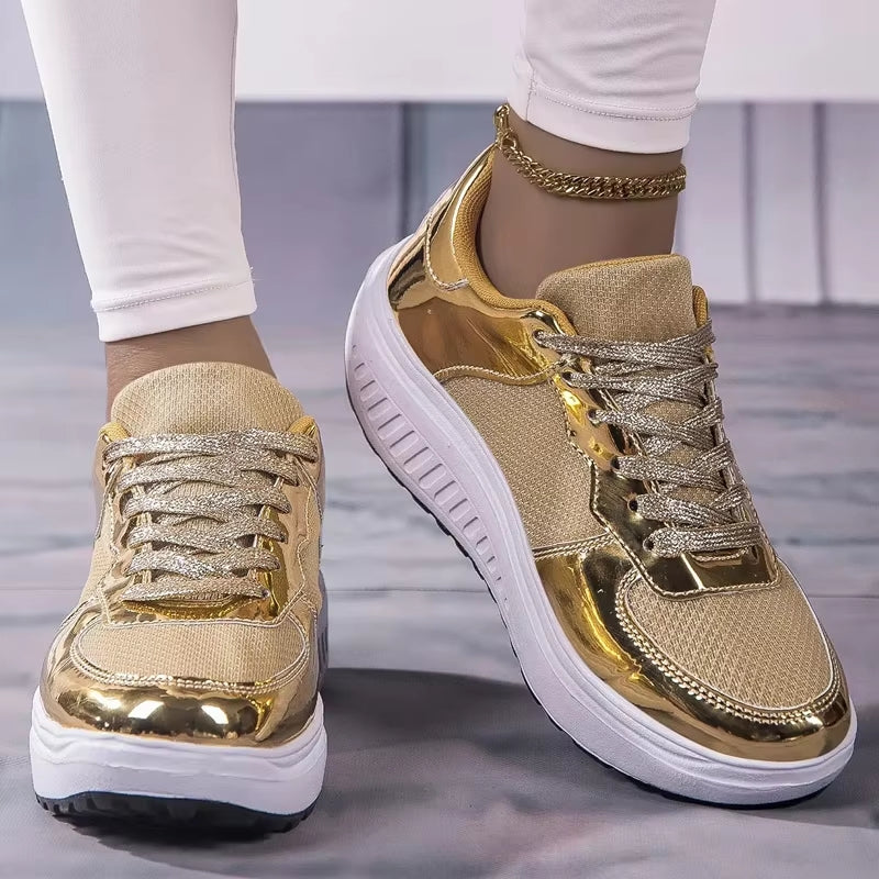 WW | Damen goldene Schnürsenkel Plattform Sneaker