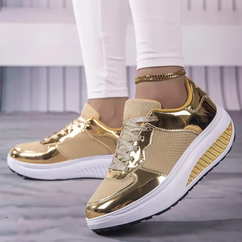 W&W Mode | Damen goldene Schnürsenkel Plattform Sneaker
