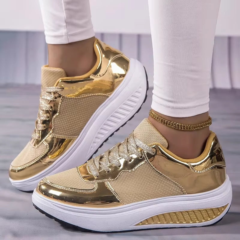 WW | Damen goldene Schnürsenkel Plattform Sneaker