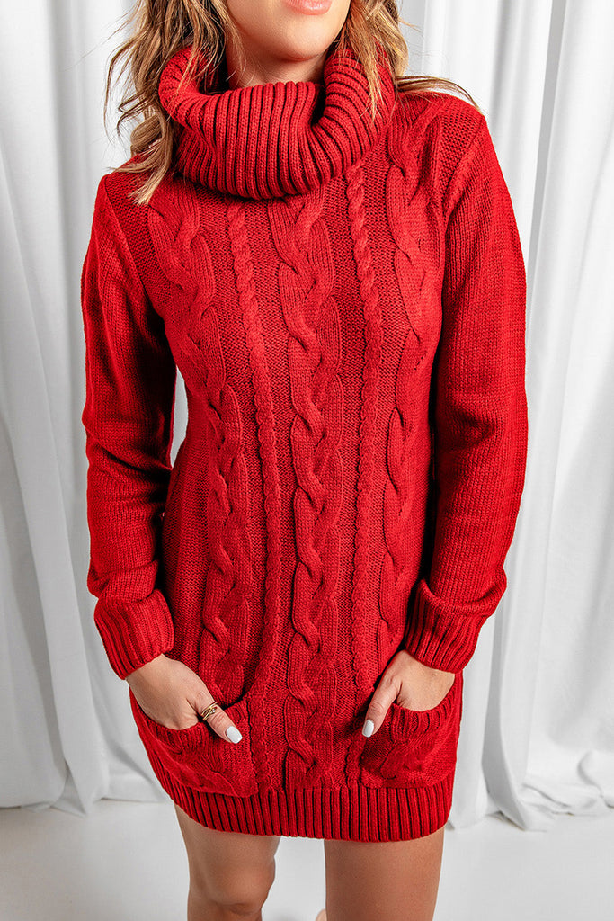 WW | Gemütliches Zopfmuster Strickkleid Mit Wasserfallausschnitt Für Frauen