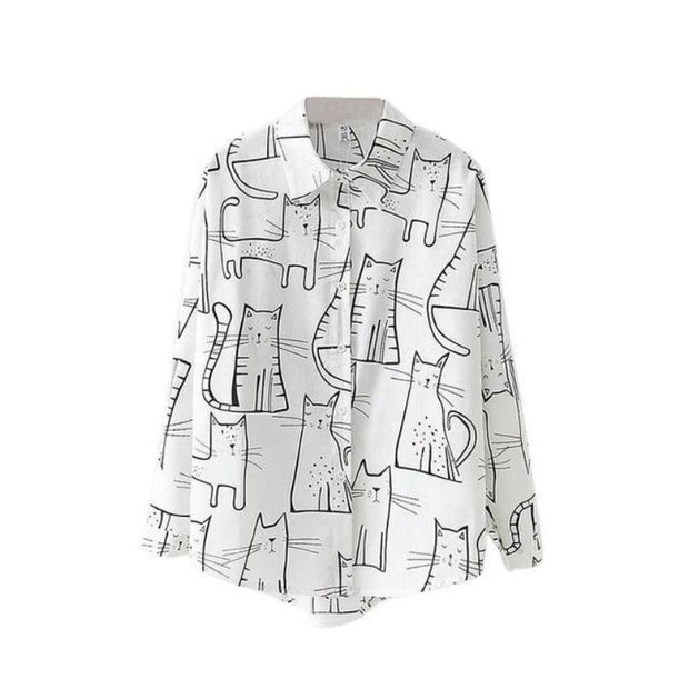 WW | Niedliche Katze Lockere Umgeschlagene Kragen Langarm Bluse