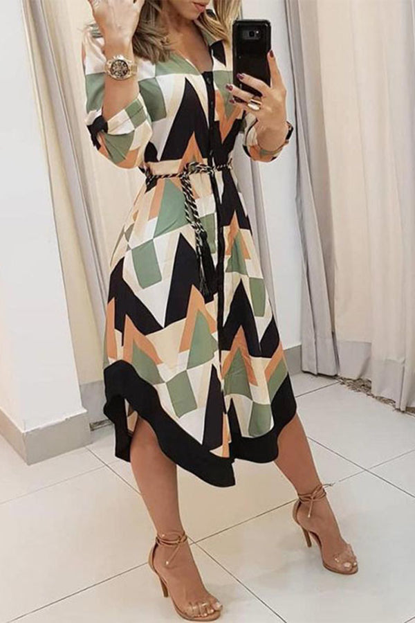 WW | Finde Dich Gut Bedrucktes Gürtel Hemd Midi Kleid