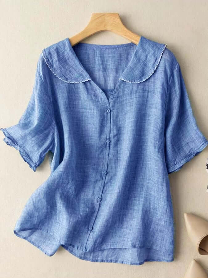 WW | Und Leinen Retro Kurzarm Navy Puppe Kragen Dünne Bluse