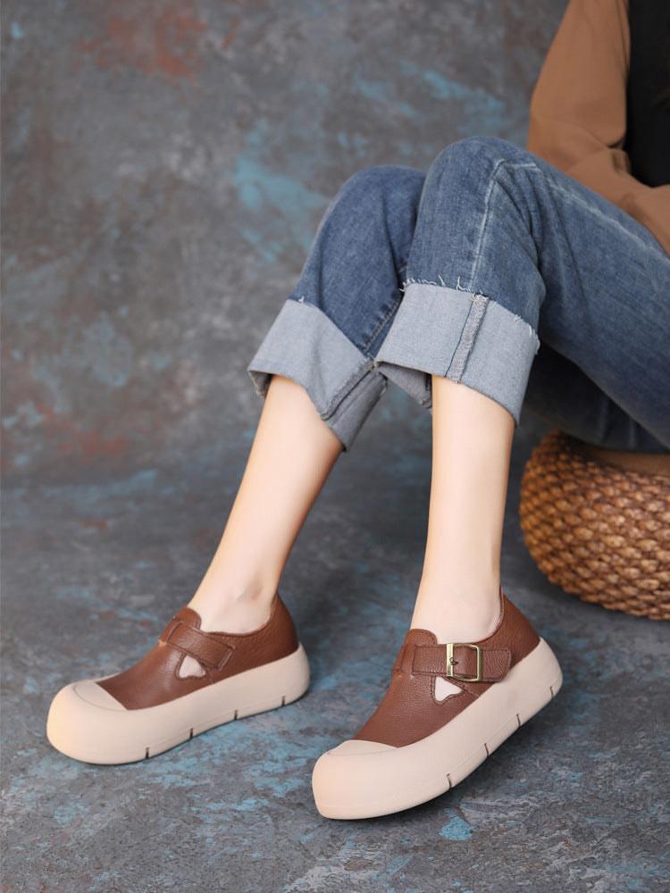 WW | Damenmode Rundkopf Handgefertigt Leder Schnalle mit Klettverschluss Flache Schuhe