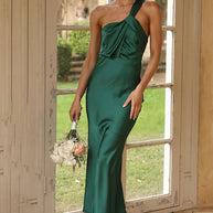WW | Ein Schulter Rückenfreies Satin Brautjungfer Hochzeit Party Bodycon Fishtail Maxi Kleid