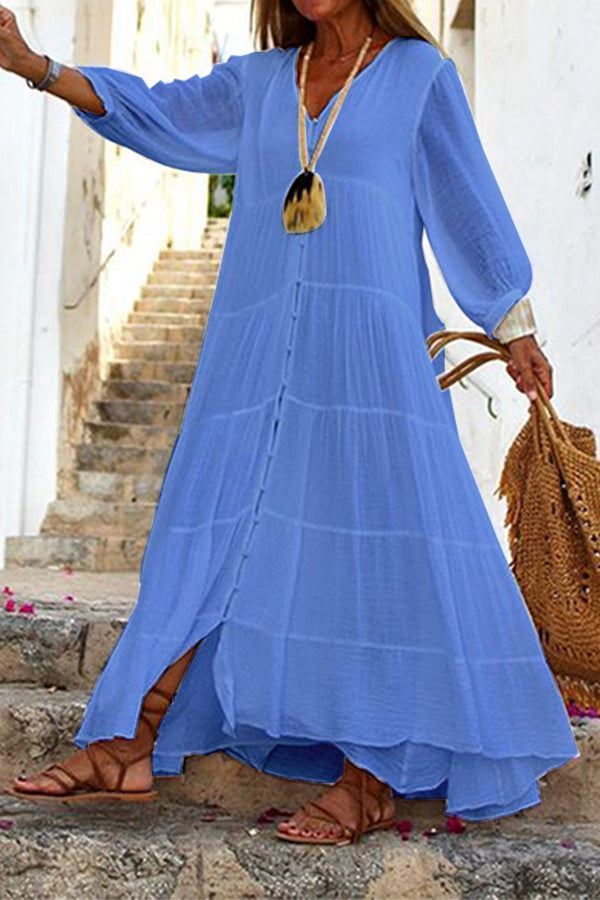 WW | Seraphina Baumwoll-Leinen-Mischung Knopf-Up Gestuftes Maxikleid