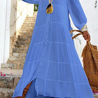 WW | Seraphina Baumwoll-Leinen-Mischung Knopf-Up Gestuftes Maxikleid