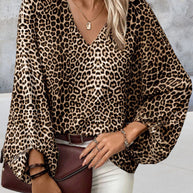 WW | Stilvolles Leopardenprint-Top mit V-Ausschnitt und Laternenärmeln