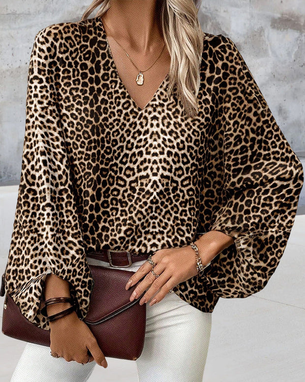 WW | Stilvolles Leopardenprint-Top mit V-Ausschnitt und Laternenärmeln