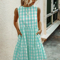 WW | Mode, Locker Geschnittenes Damenkleid mit Rundhalsausschnitt, Kariert Pastelmittelrock