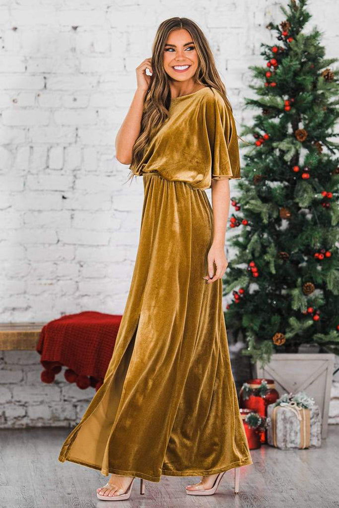 WW | Elegantes Abendkleid Aus Samt Mit Kurzen Ärmeln Für Frauen