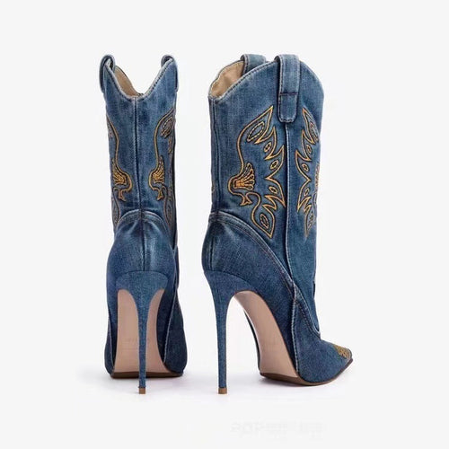 WW | Damenmode Western Denim Stil High Heels Stiefel