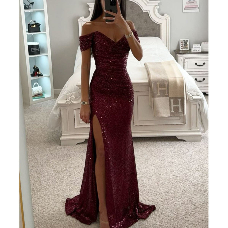 WW | Off Shoulder Abendkleid Mit Pailletten Elegantes Partykleid Mit Schlitz Und Figurbetontem Schnitt Für Festliche Anlässe