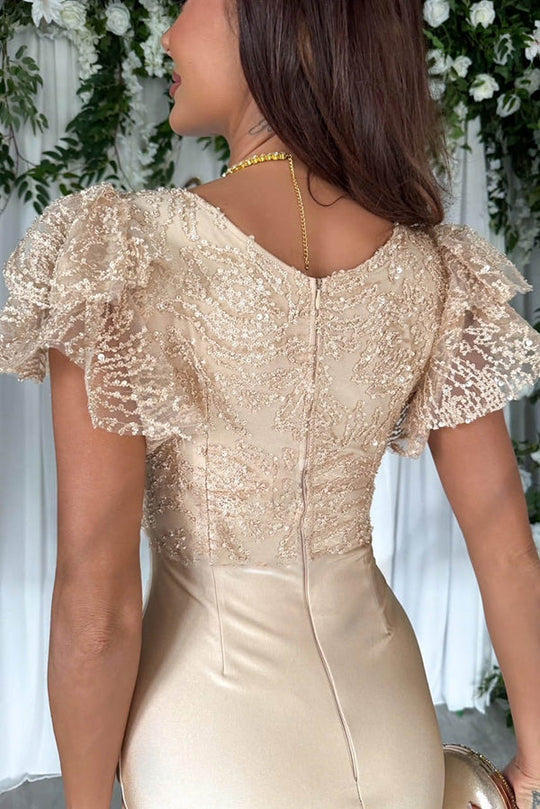 WW | Traumhafte Luxus Spitze und Satin Patchwork Rüschenausgestellte Midi Kleid