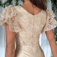WW | Traumhafte Luxus Spitze und Satin Patchwork Rüschenausgestellte Midi Kleid