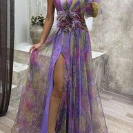 WW | Long party dress with off-the-shoulder, split print.