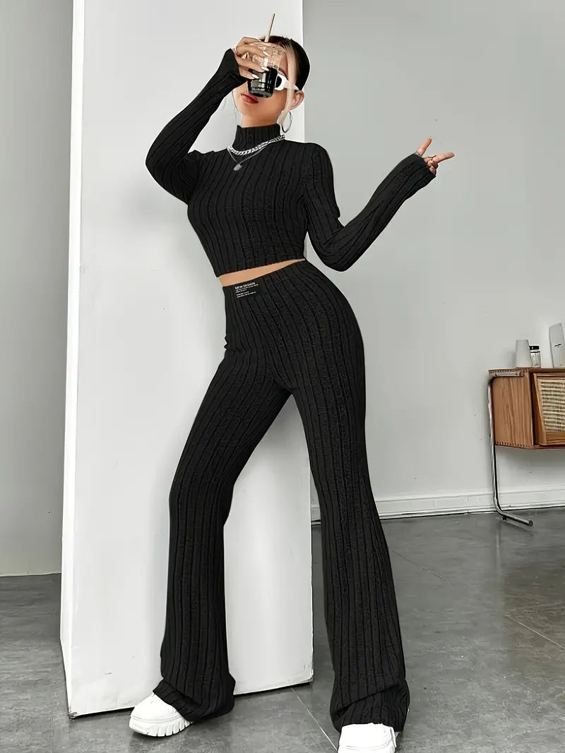 WW | Stilvolle Winter Chic Schwarzes Zweiteiliges Strickset Für Frauen
