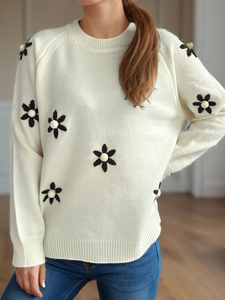 WW | Blumen Rundhals Raglanärmel Pullover
