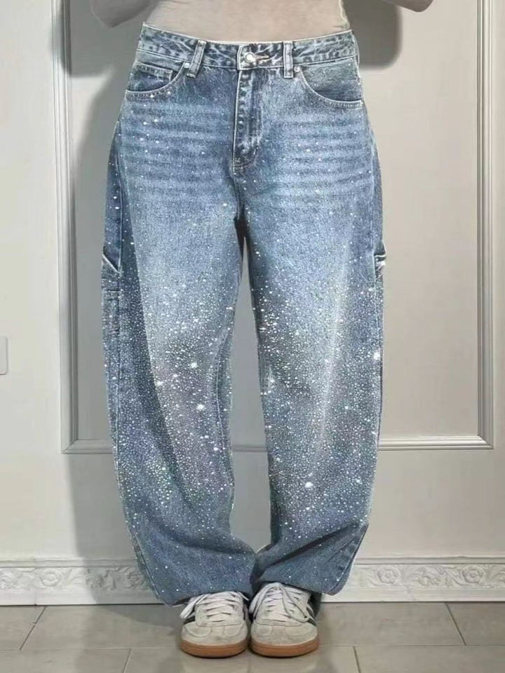W&W Mode | Damen Gewaschene Jeans Mit Strassdetails Im Weiten Schnitt