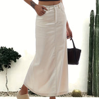 WW | Einfarbiger Weißer Schlitz Hinten Lässig Maxi Denim Rock