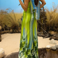 WW | In A Dreamland Chiffon Floral Print Off Shoulder Pleated Scarf Slit Maxi Kleid